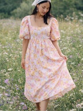 knee length dresses for ladies Powder Midi Summer Dress with Short Sleeves Blue / M